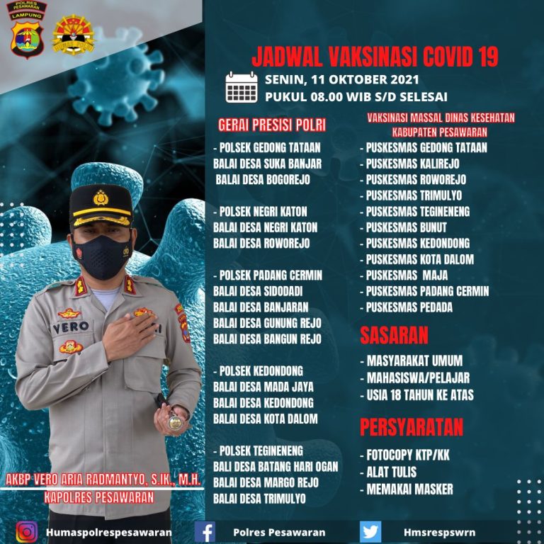 Catattt, Jadwal Vaksin Senin 11 Oktober 2021