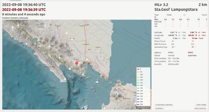 Gempa M 3.2, Guncang Wilayah Pesawaran Pringsewu Lampung, Kedalaman 2 KM